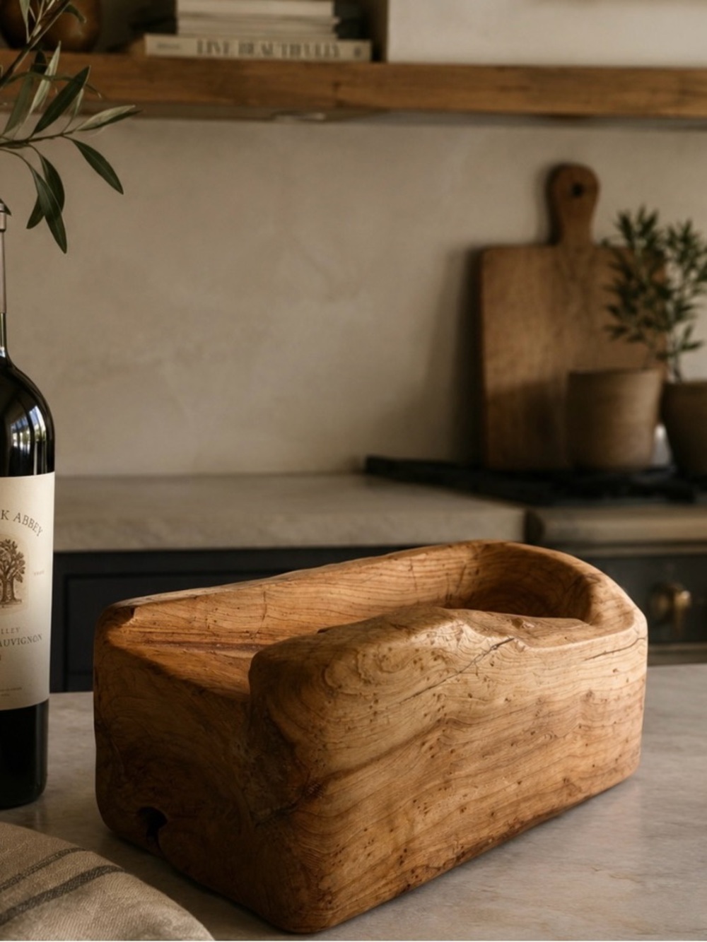 Hand-Carved Rustic Wooden Wine Bottle Holder Block - Natural Wood Home Decor